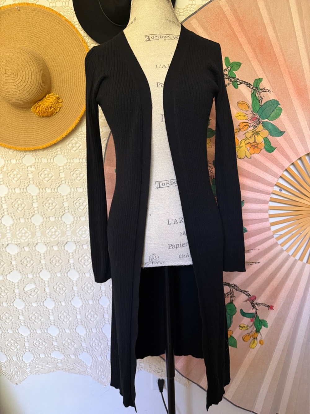 Mind Code Ribbed Black Long Open Front Knit Cardigan Midi Long Sleeve Sz. S